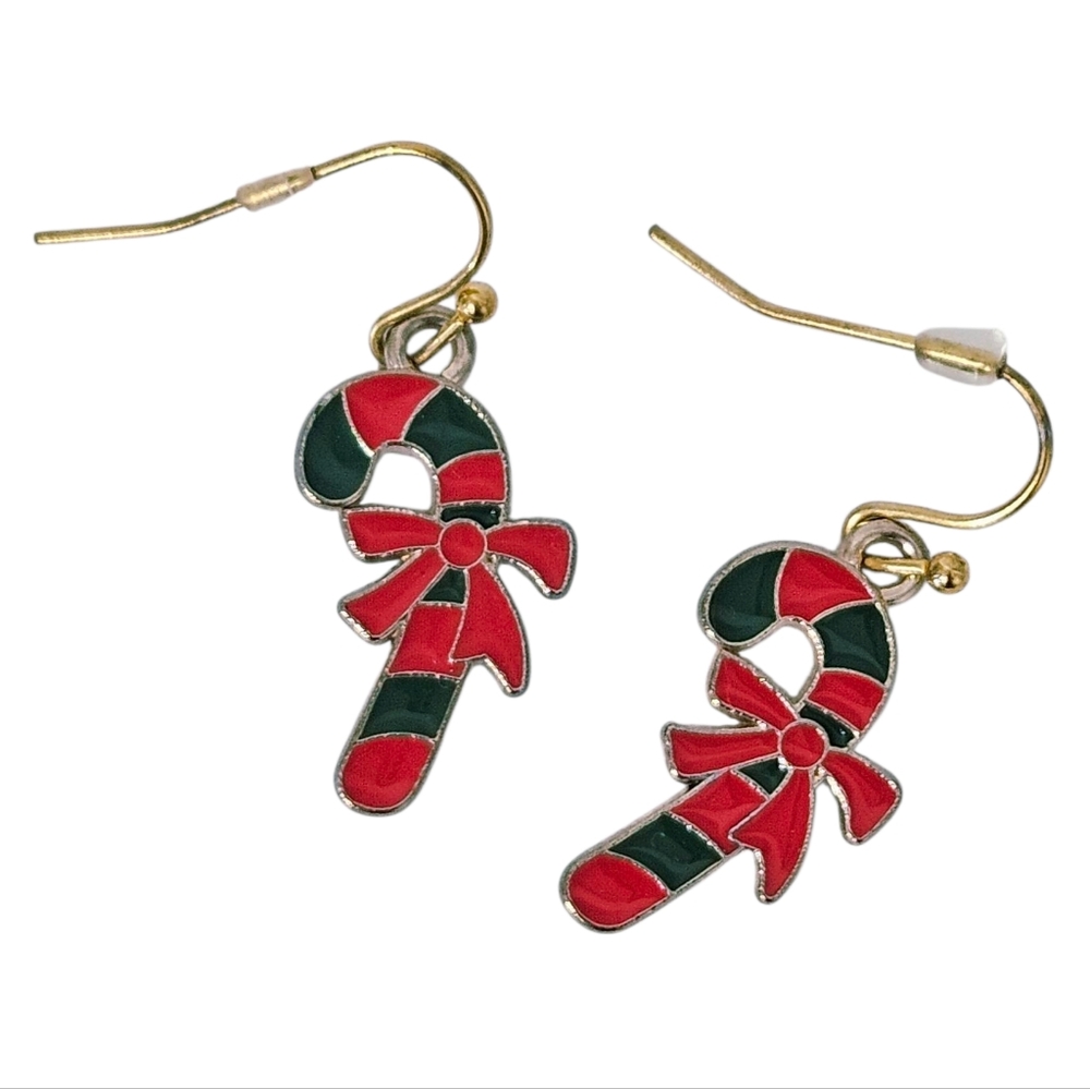 Candy Cane with Bow Christmas Dangle Earrings Red Green Enamel Gold - Picture 4 of 5